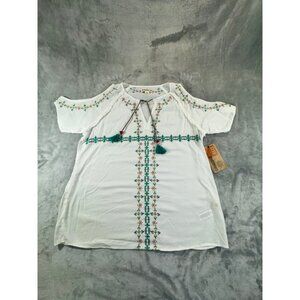 Ruff Hewn Womens Blouse Large Boho Embroidered Cold Shoulder Short Sleeve Tassel
